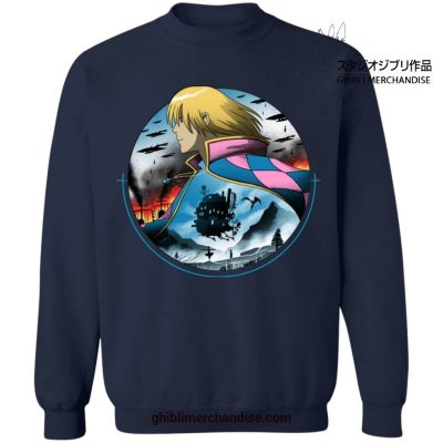 Howls Moving Castle In Circle Sweatshirt Navy Blue / S