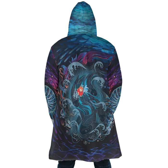 Sea Creatures Ponyo SG AOP Hooded Cloak Coat BACK Mockup 1 - Studio Ghibli Store